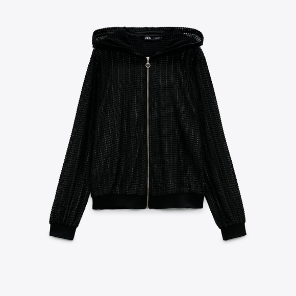 Zara Open work Hooded Bomber Jacket - Picture 3 of 4